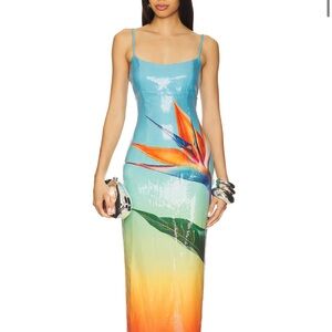 Sequin revolve dress Blue and Orange tropical print Dress
